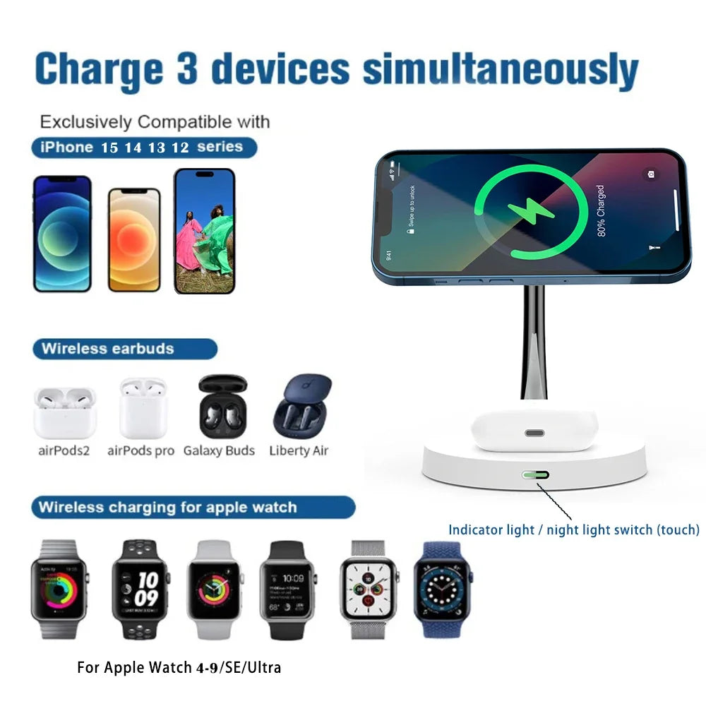 3 in 1 Magnetic Wireless Chargers For iPhone 15 14 13 12 Pro Magsafe Charger Fast Charging Station For Apple Watch 9 8 7 Airpods