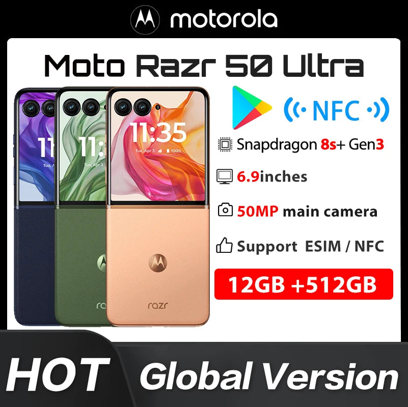 New Original Global Version Motorola Moto Razr 50 Ultra XT2451-3 6.9" Snapdragon 8s Gen 3 Folding Screen 4000mAh 50MP 45W