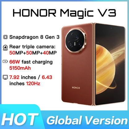 Global Version Honor Magic V3 5G Foldable LTPO OLED 120Hz Display 7.92" 50MP Rear Cameras Snapdragon 8 Gen 3 5150mAh 66W NFC