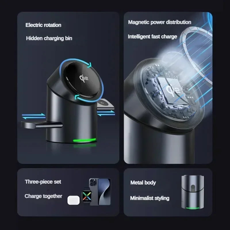 New Smart Qi2 3 In 1 Magsafe Magnetic Wireless Charger For Android iPhone iWatch Airpods Induction Fast Charging Dock Station