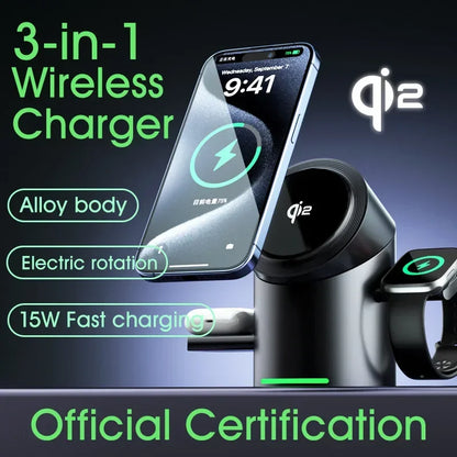 New Smart Qi2 3 In 1 Magsafe Magnetic Wireless Charger For Android iPhone iWatch Airpods Induction Fast Charging Dock Station